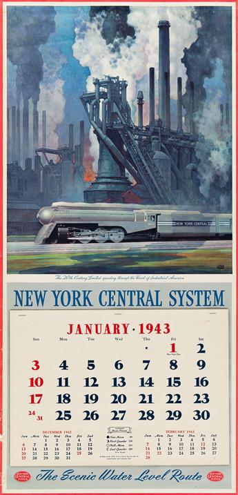 LESLIE RAGAN (1897-1972). NEW YORK CENTRAL SYSTEM. Two calendars. 1943 & 1947. Each 33x16 inches, 85x40 cm.